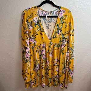 Free‎ People Womens M Yellow Floral Print V Neck Babydoll Mini Dress Long Sleeve